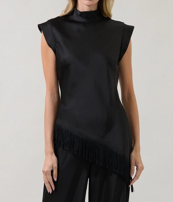 BLACK MOCK NECK ASYMMETIRCAL FRINGE TRIM TOP