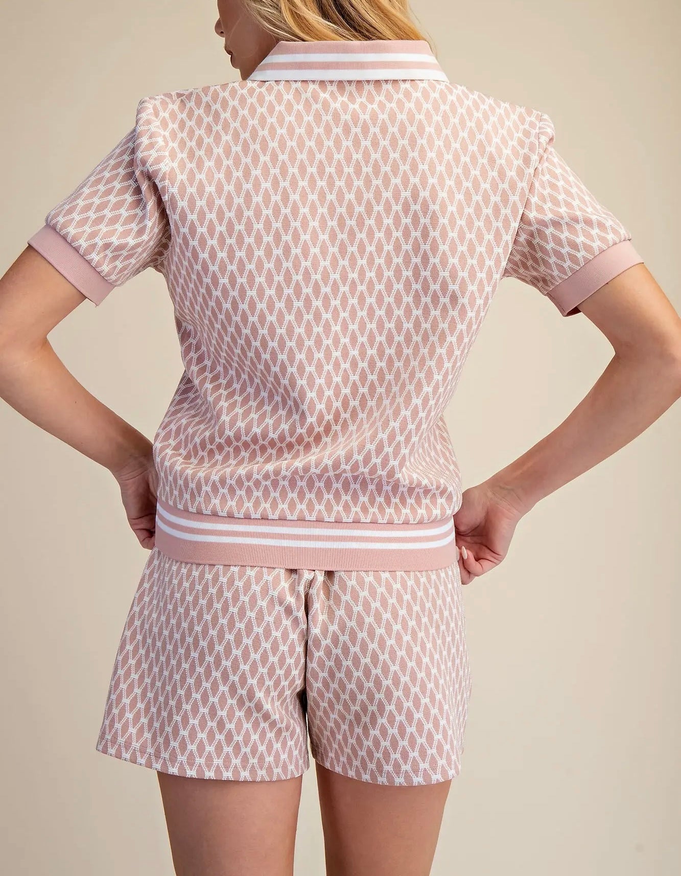 PINK GEOMETRIC TRELLIS PRINT COLLAR NECK SHORT SLEEVE POLO TOP