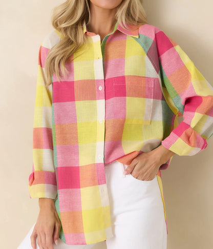 SWEET TART PLAID LONG SLEEVE BUTTON UP PAULA TOP