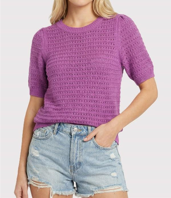 ORCHID OPEN WEAVE POINTELLE SHORT PUFF SLEEVE SWEATER TOP