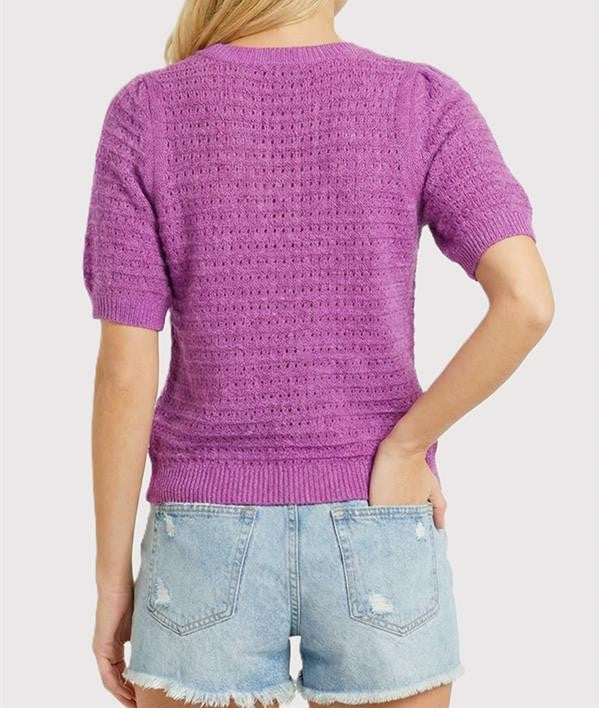 ORCHID OPEN WEAVE POINTELLE SHORT PUFF SLEEVE SWEATER TOP