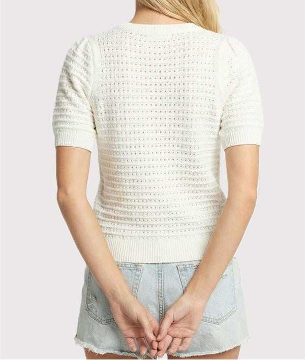 OFF WHITE OPEN WEAVE POINTELLE SHORT PUFF SLEEVE SWEATER TOP
