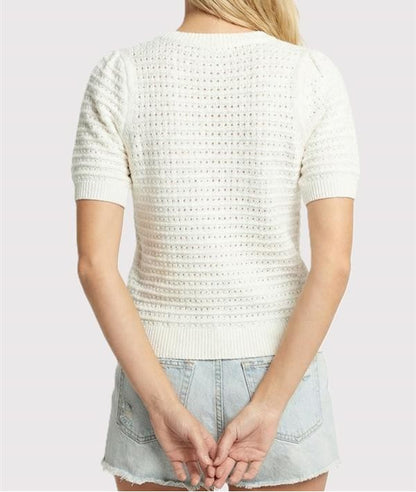 OFF WHITE OPEN WEAVE POINTELLE SHORT PUFF SLEEVE SWEATER TOP