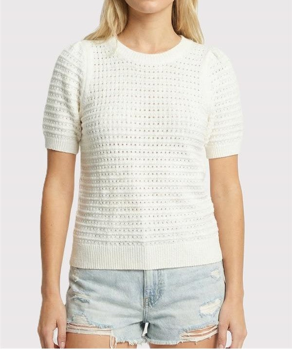 OFF WHITE OPEN WEAVE POINTELLE SHORT PUFF SLEEVE SWEATER TOP