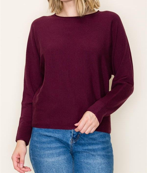 DARK PLUM LONG DOLMAN SLEEVE SWEATER