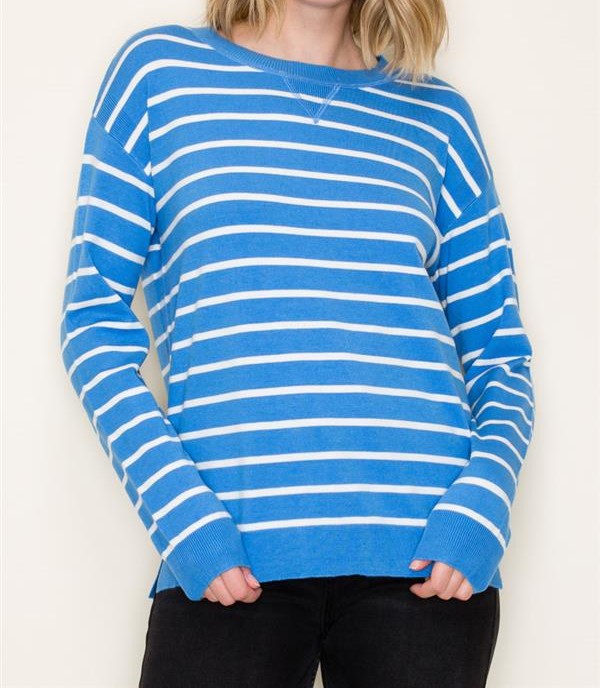 INDIGO STRIPED LONG SLEEVE PULLOVER SWEATER