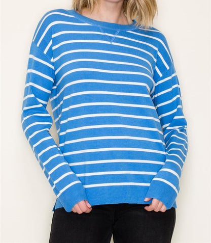 INDIGO STRIPED LONG SLEEVE PULLOVER SWEATER