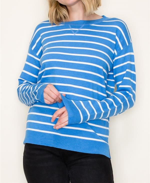 INDIGO STRIPED LONG SLEEVE PULLOVER SWEATER