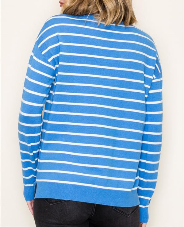 INDIGO STRIPED LONG SLEEVE PULLOVER SWEATER