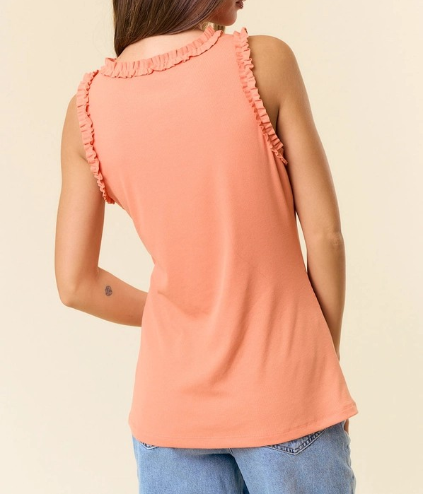 SALMON RIBBED TANK WITH RUFFLE DETAIL