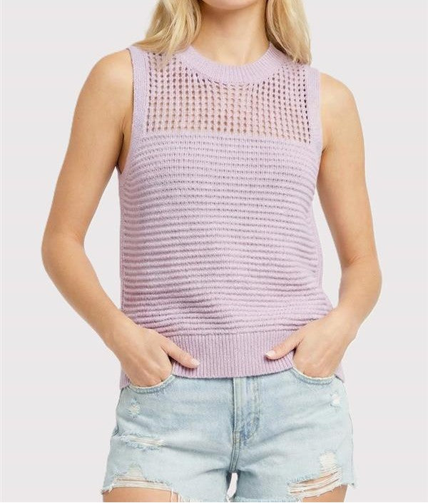 LIGHT LAVENDER FISH NET DETAIL &amp; POINTELLE SWEATER KNIT SLEEVELESS TANK TOP