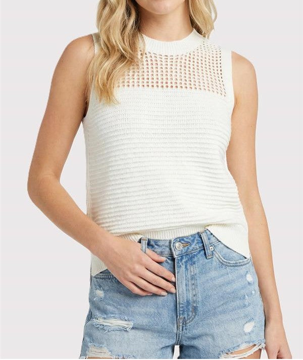 OFF WHITE FISH NET DETAIL &amp; POINTELLE SWEATER KNIT SLEEVELESS TANK TOP