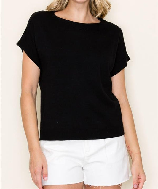 BLACK WIDE CREW NECK SHORT SLEEVE SWEATER