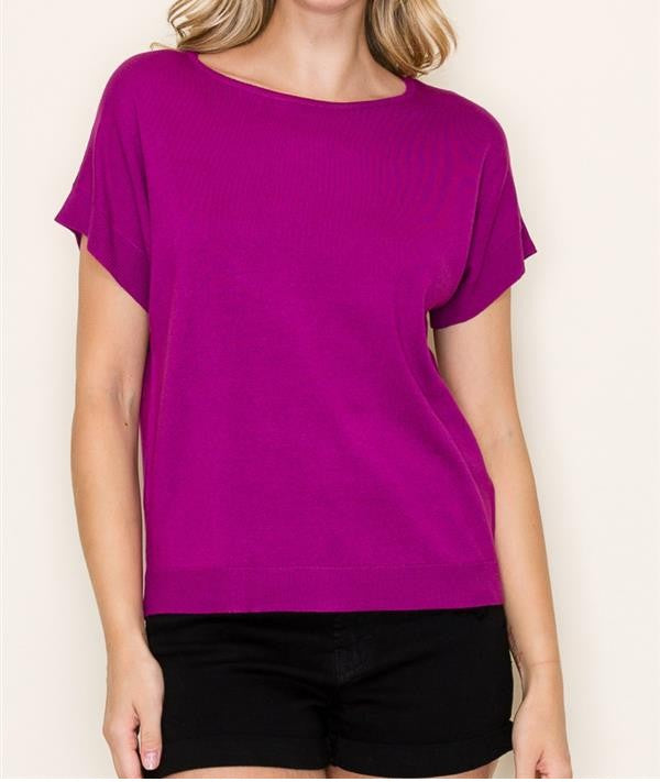 DARK MAGENTA WIDE CREW NECK SHORT SLEEVE SWEATER
