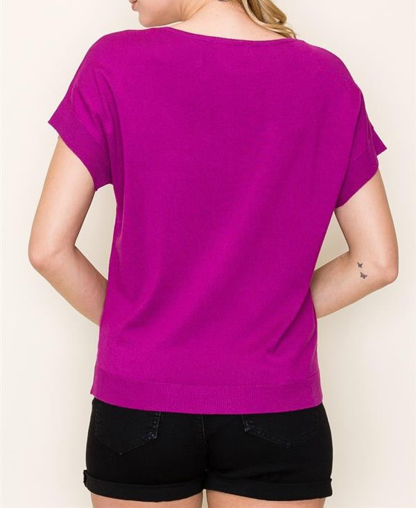 DARK MAGENTA WIDE CREW NECK SHORT SLEEVE SWEATER