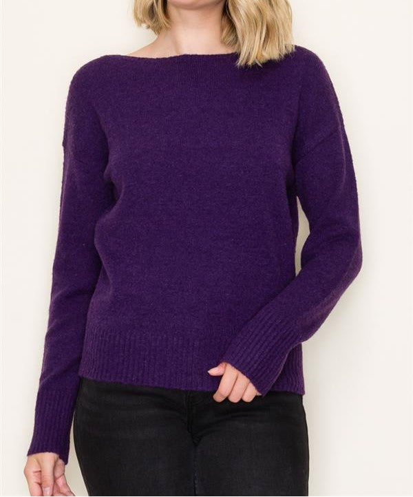 DARK PURPLE BOAT NECK LONG SLEEVE PULLOVER SWEATER