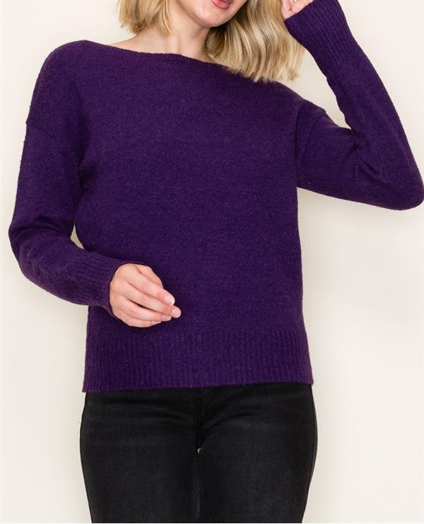 DARK PURPLE BOAT NECK LONG SLEEVE PULLOVER SWEATER