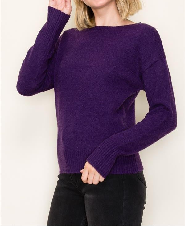 DARK PURPLE BOAT NECK LONG SLEEVE PULLOVER SWEATER