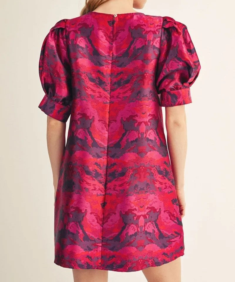 MAGENTA MIX JACQUARD SHORT PUFF SLEEVE MINI DRESS