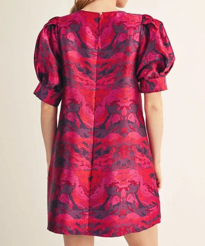 MAGENTA MIX JACQUARD SHORT PUFF SLEEVE MINI DRESS