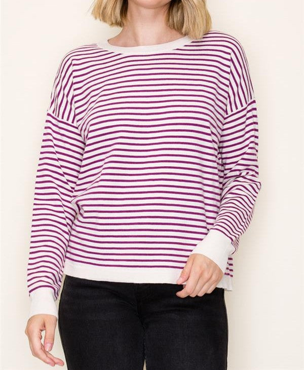 MAGENTA STRIPED LONG SLEEVE PULLOVER SWEATER