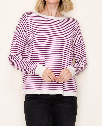 MAGENTA STRIPED LONG SLEEVE PULLOVER SWEATER