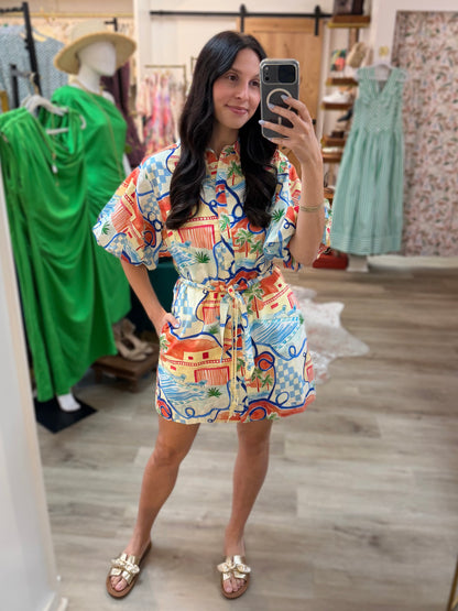 BLUE MULTI VACATION PRINT SHORT PUFF SLEEVE BUTTON UP MINI DRESS