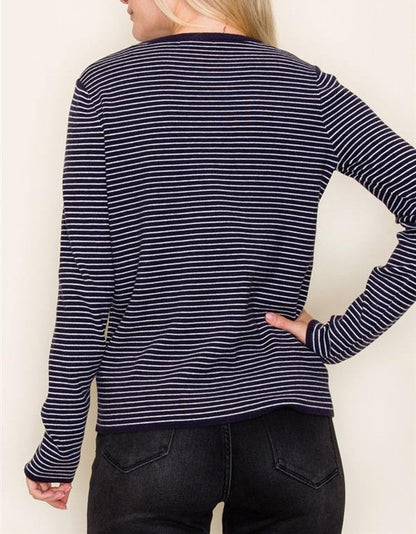 DARK NAVY PINSTRIPE LONG SLEEVE PULLOVER SWEATER