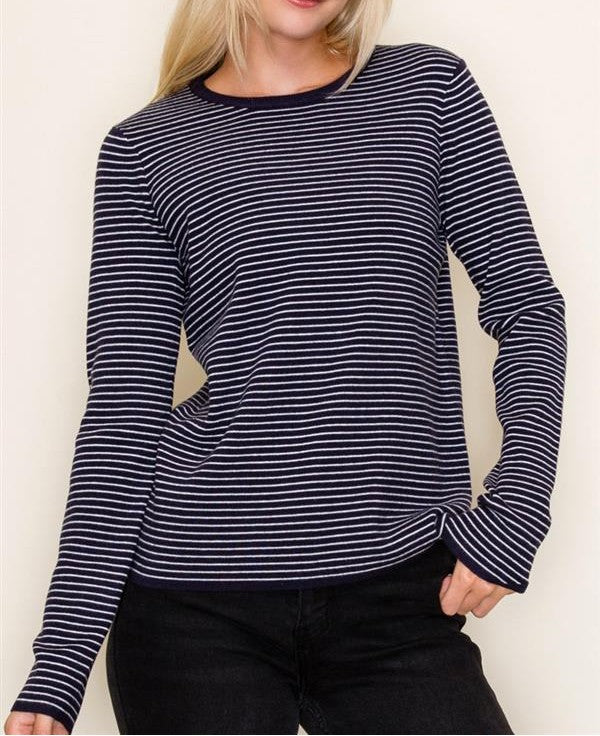 DARK NAVY PINSTRIPE LONG SLEEVE PULLOVER SWEATER