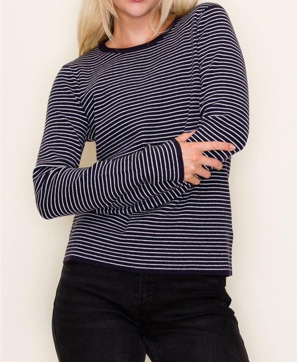 DARK NAVY PINSTRIPE LONG SLEEVE PULLOVER SWEATER