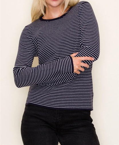 DARK NAVY PINSTRIPE LONG SLEEVE PULLOVER SWEATER