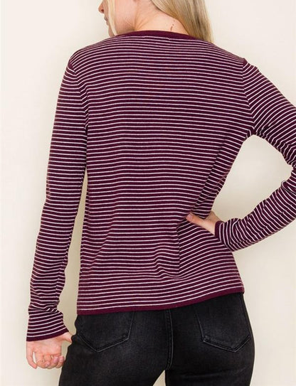 DARK PLUM PINSTRIPE LONG SLEEVE PULLOVER SWEATER