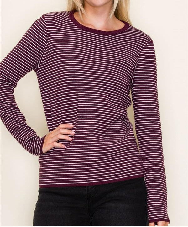DARK PLUM PINSTRIPE LONG SLEEVE PULLOVER SWEATER