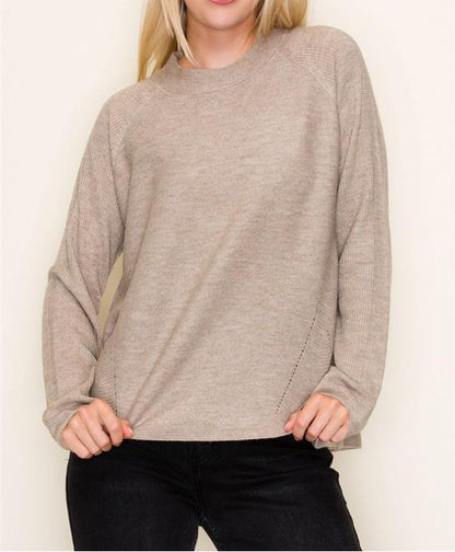 TAUPE TEXTURED LONG RAGLAN SLEEVE PULLOVER SWEATER