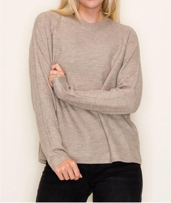 TAUPE TEXTURED LONG RAGLAN SLEEVE PULLOVER SWEATER
