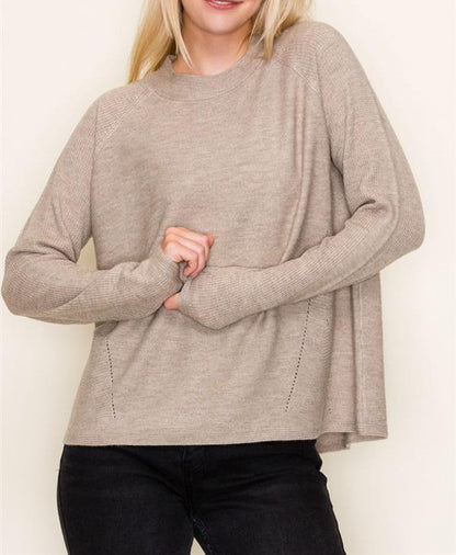 TAUPE TEXTURED LONG RAGLAN SLEEVE PULLOVER SWEATER