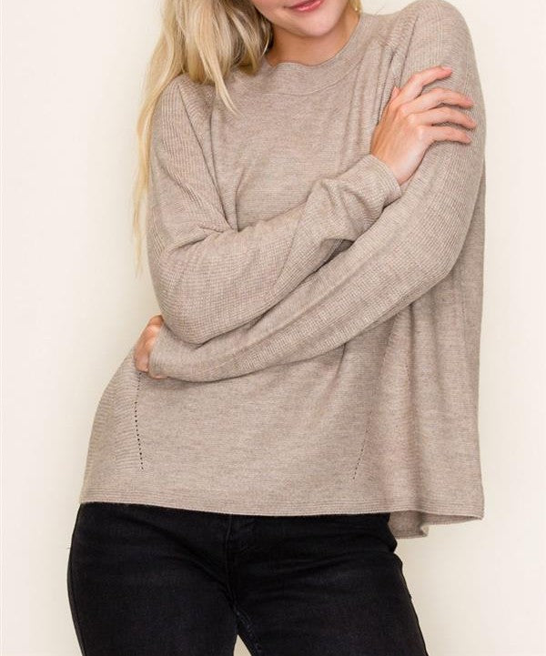 TAUPE TEXTURED LONG RAGLAN SLEEVE PULLOVER SWEATER