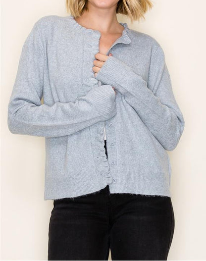 HEATHER GREY RUFFLE DETAIL BUTTON UP CARDIGAN SWEATER