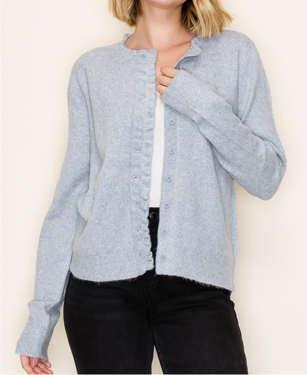 HEATHER GREY RUFFLE DETAIL BUTTON UP CARDIGAN SWEATER