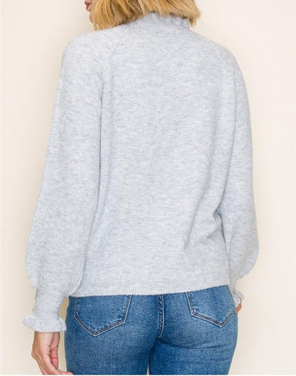 HEATHER GREY RUFFLE NECK LONG SLEEVE SWEATER