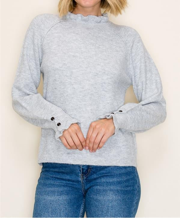 HEATHER GREY RUFFLE NECK LONG SLEEVE SWEATER