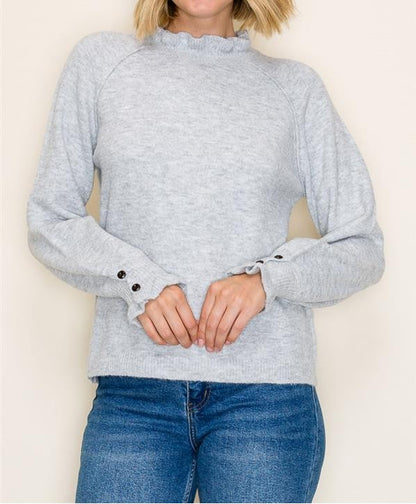 HEATHER GREY RUFFLE NECK LONG SLEEVE SWEATER
