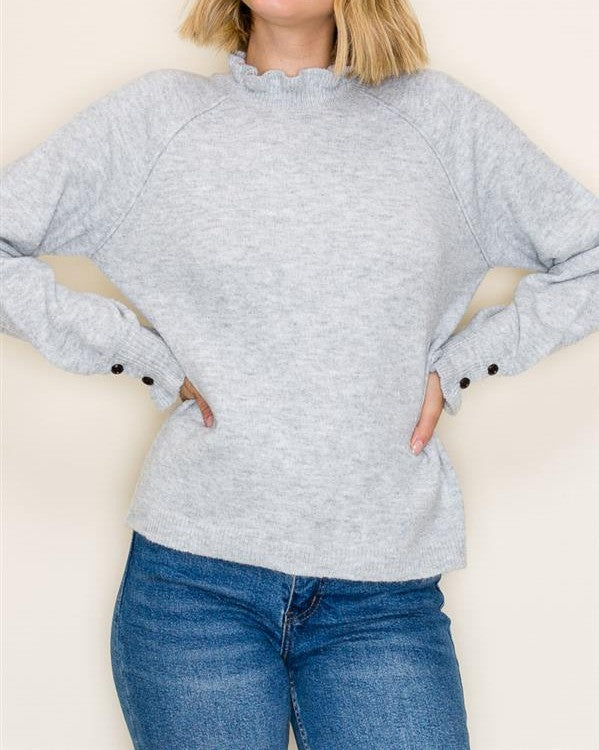 HEATHER GREY RUFFLE NECK LONG SLEEVE SWEATER