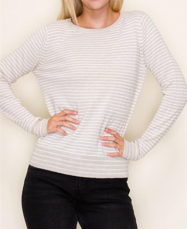 OATMEAL/WHITE STRIPED CREW NECK LONG SLEEVE PULLOVER SWEATER
