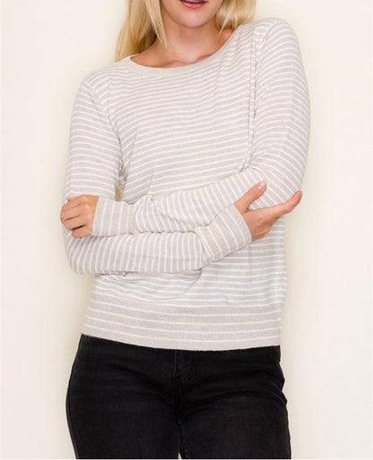 OATMEAL/WHITE STRIPED CREW NECK LONG SLEEVE PULLOVER SWEATER