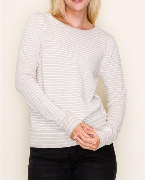 OATMEAL/WHITE STRIPED CREW NECK LONG SLEEVE PULLOVER SWEATER