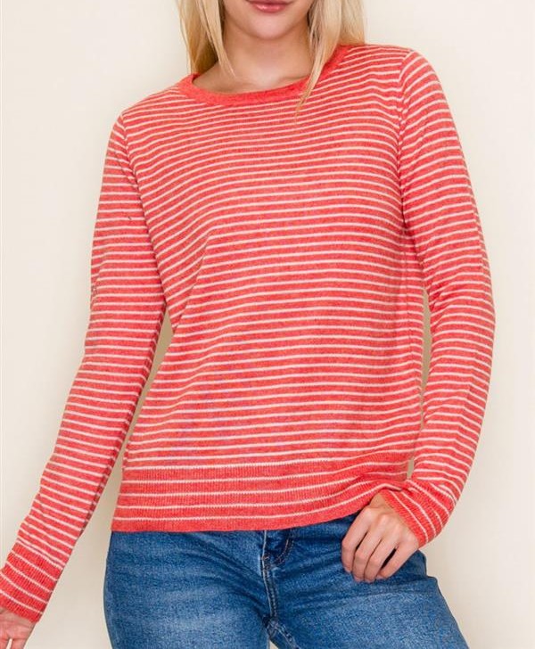 ORANGE/WHITE STRIPED CREW NECK LONG SLEEVE PULLOVER SWEATER