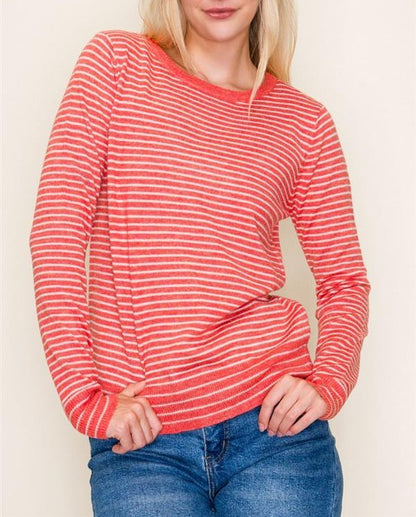 ORANGE/WHITE STRIPED CREW NECK LONG SLEEVE PULLOVER SWEATER