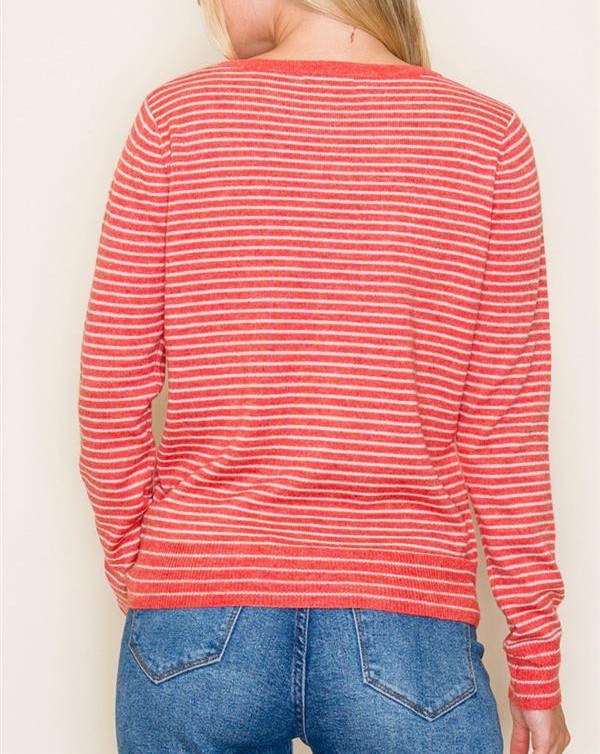 ORANGE/WHITE STRIPED CREW NECK LONG SLEEVE PULLOVER SWEATER