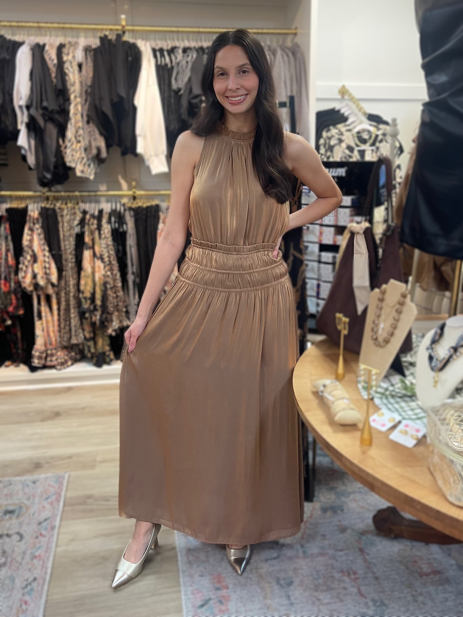 METALLIC GOLD SLEEVELESS SMOCKED WAIST MAXI DRESS